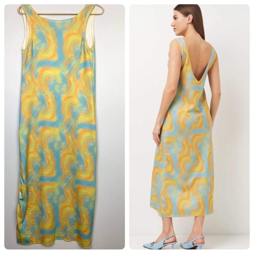 ZARA Small Blue Yellow Watercolor Funky Psychedelic Sleeveless Jersey Maxi Dress